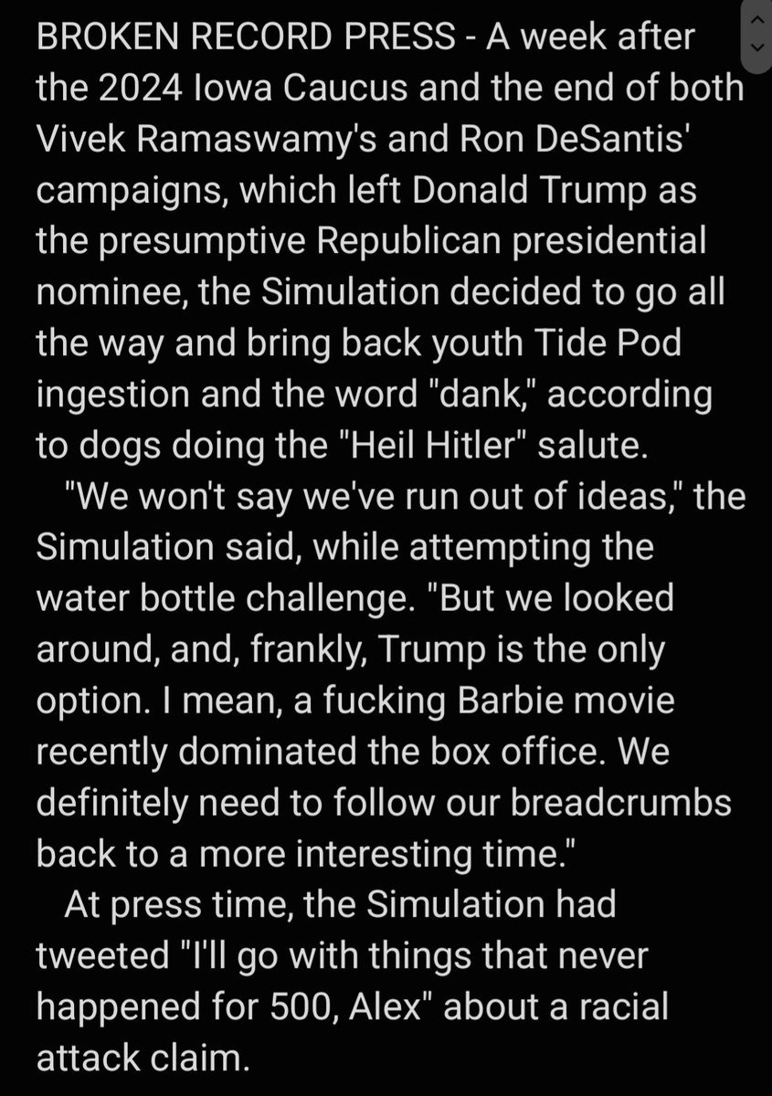 Person33SaTiRe's tweet image. Now That Trump Appears To Be Frontrunner Again, Simulation Looking To Bring Back Tide Pod Ingestion And The Word "Dank"