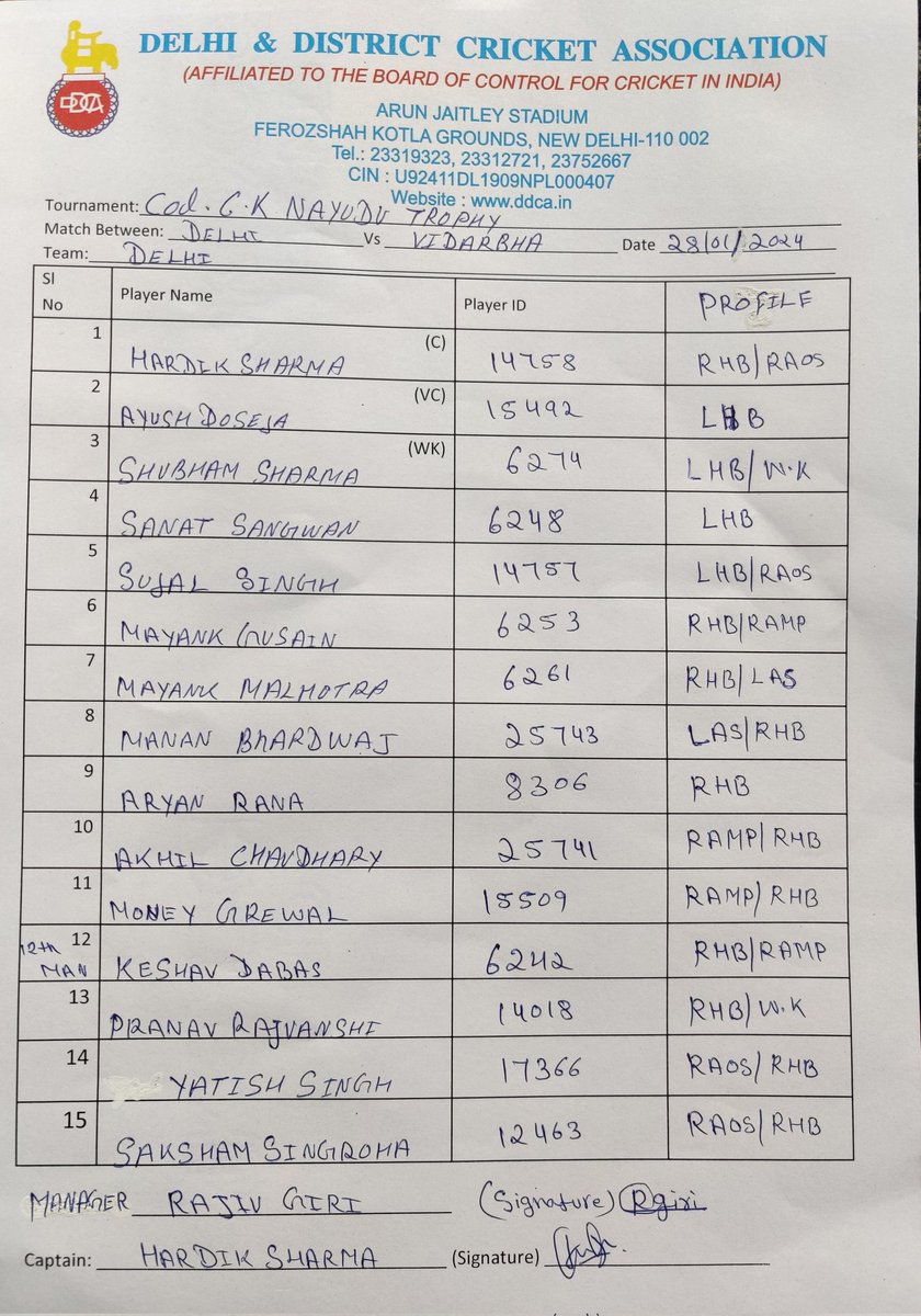 Col CK Nayudu Trophy action heating up! 🔥 Delhi clashes with Vidarbha today. Vidarbha wins the toss, chooses to bowl. Best wishes to Team Delhi for a power-packed performance! 🏏💪 Let's own the pitch! #CKNayudu #DelhiVsVidarbha