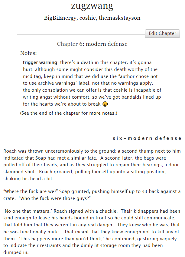 coshie's tweet photo. i make absolutely no apologies for the pain we are about to inflict >:3

just in case anyone was wondering why we pre-emptively slapped the DDDNE tag on this fic, we're finally going to start finding out 🤭

so please enjoy ch6 of our crime/mafia/cartel au~ 

link ⬇️⬇️ https://t.co/sjekmrPoZc