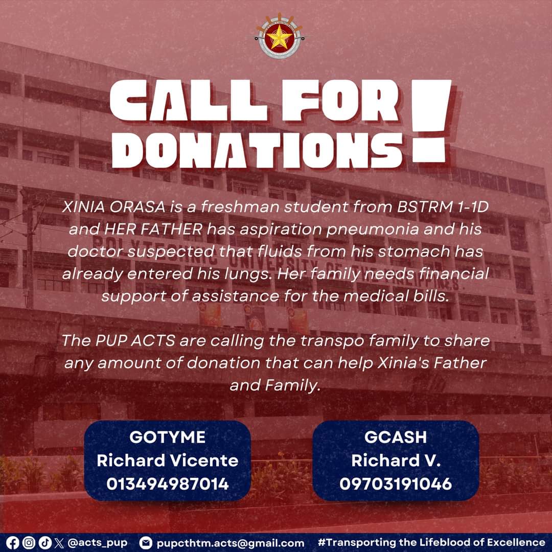 acts_pup's tweet photo. The PUP ACTS are calling the transpo family to share any amount of donations that can help Xinia's Father and Family.
You may send funds through the following:
GOTYME
Richard Vicente 013494987014
GCASH
Richard V. 09703191046
#PUPACTS
#DonateForACause https://t.co/r7LI2Qm5o5