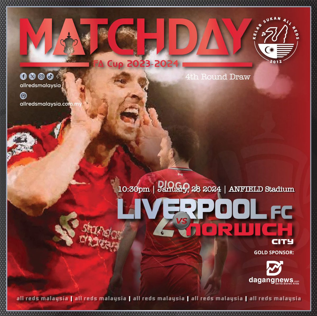 Mariii...!!

FA Cup 2023/2024 (4th Round)

Matchday…!!

⚽️ LIVERPOOL FC 🆚 NORWICH CITY FC
🏟 Anfield
📅 28/01/2024
⏰ 10:30pm
📺 Astro HD 814

#WeAllReds #AllRedsMalaysia #FACup #LIVNOR