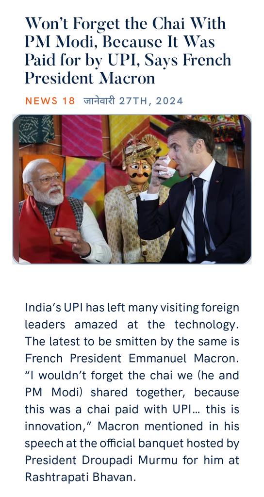 bjppradeeppatil's tweet photo. Won’t Forget the Chai With PM Modi, Because It Was Paid for by UPI, Says French President Macron
https://t.co/XgEzJSjQUE via NaMo App https://t.co/drZehHma74