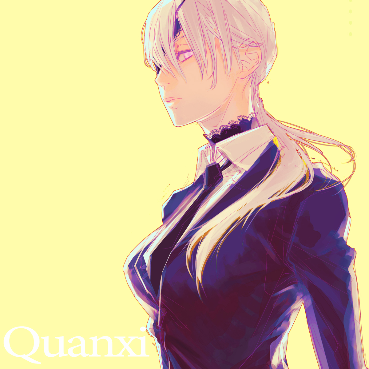 quanxi (chainsaw man) 1girl solo eyepatch formal necktie suit ponytail  illustration images