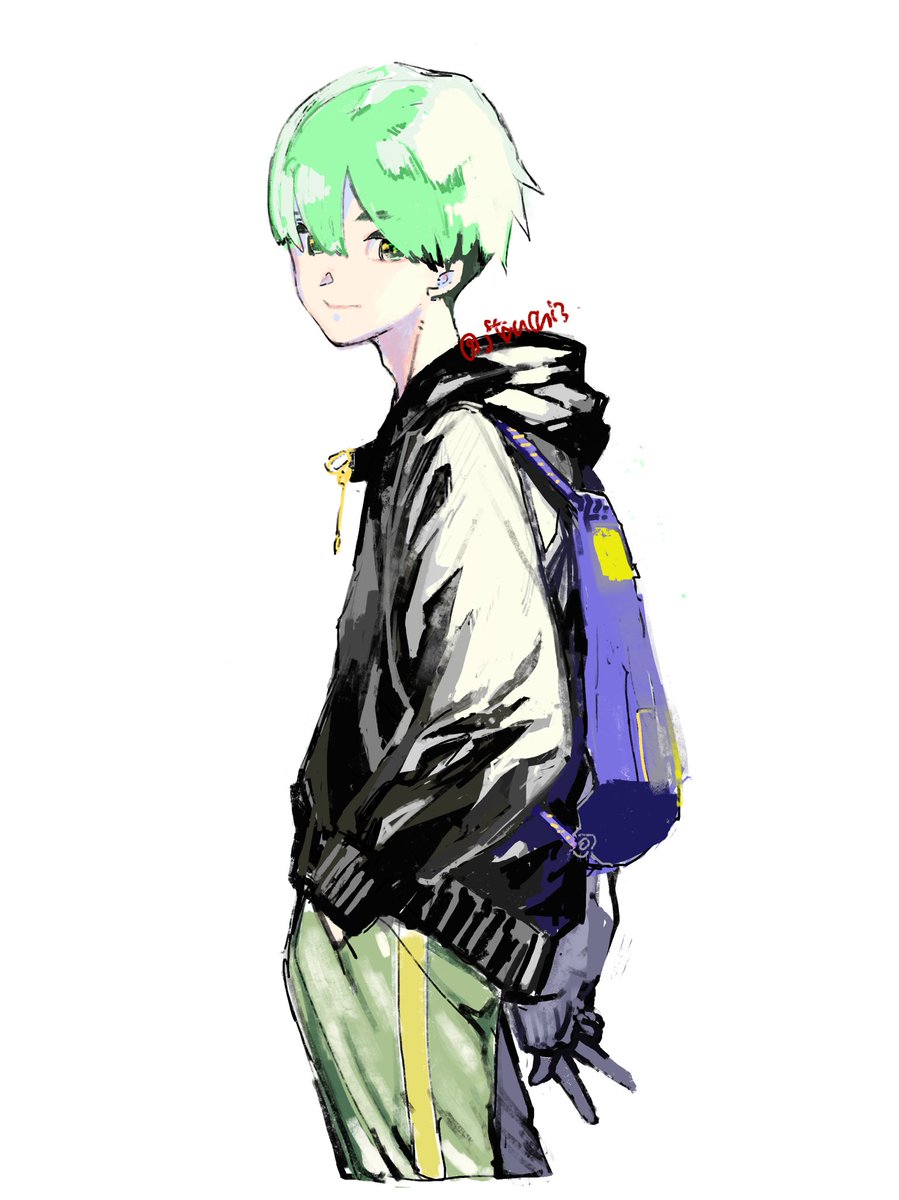 solo 1boy green hair white background hood bag male focus  illustration images
