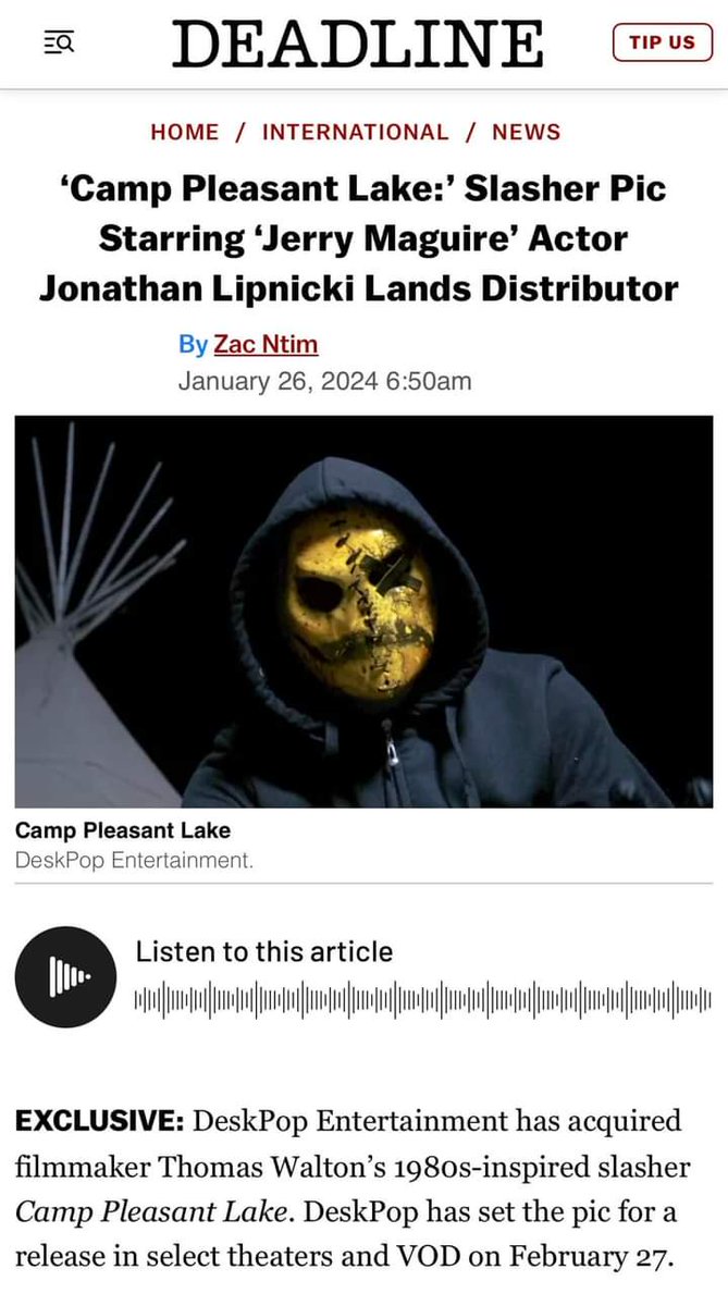 DavidPerry88's tweet image. The news gets even more epic.
Shout outs to @BDisgusting @DEADLINE @joblocom @YahooEnt &amp;amp; @Collider 

See Camp Pleasant Lake in cinemas and VOD February 27th. 

#HorrorCommunity #HorrorMovies 
#CampPleasantLakemovie