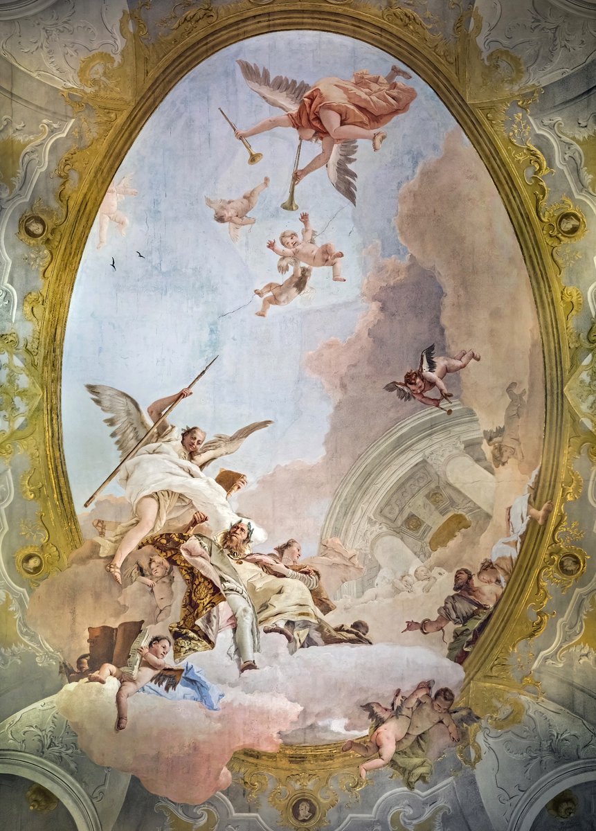 “Allegory of Merit Accompanied by Nobility and Virtue” (1757 - 1758, fresco on the ceiling of The Throne room in Ca' Rezzonico, Venice) Giovanni Battista Tiepolo