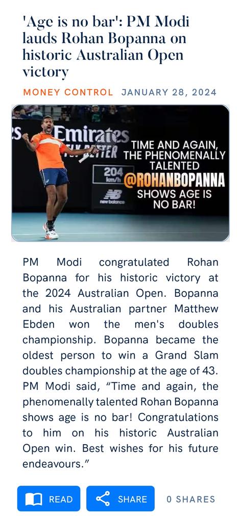 bjppradeeppatil's tweet photo. 'Age is no bar': PM Modi lauds Rohan Bopanna on historic Australian Open victory
https://t.co/9CqYeDuMAs

via NaMo App https://t.co/ZfYQbyPQPF