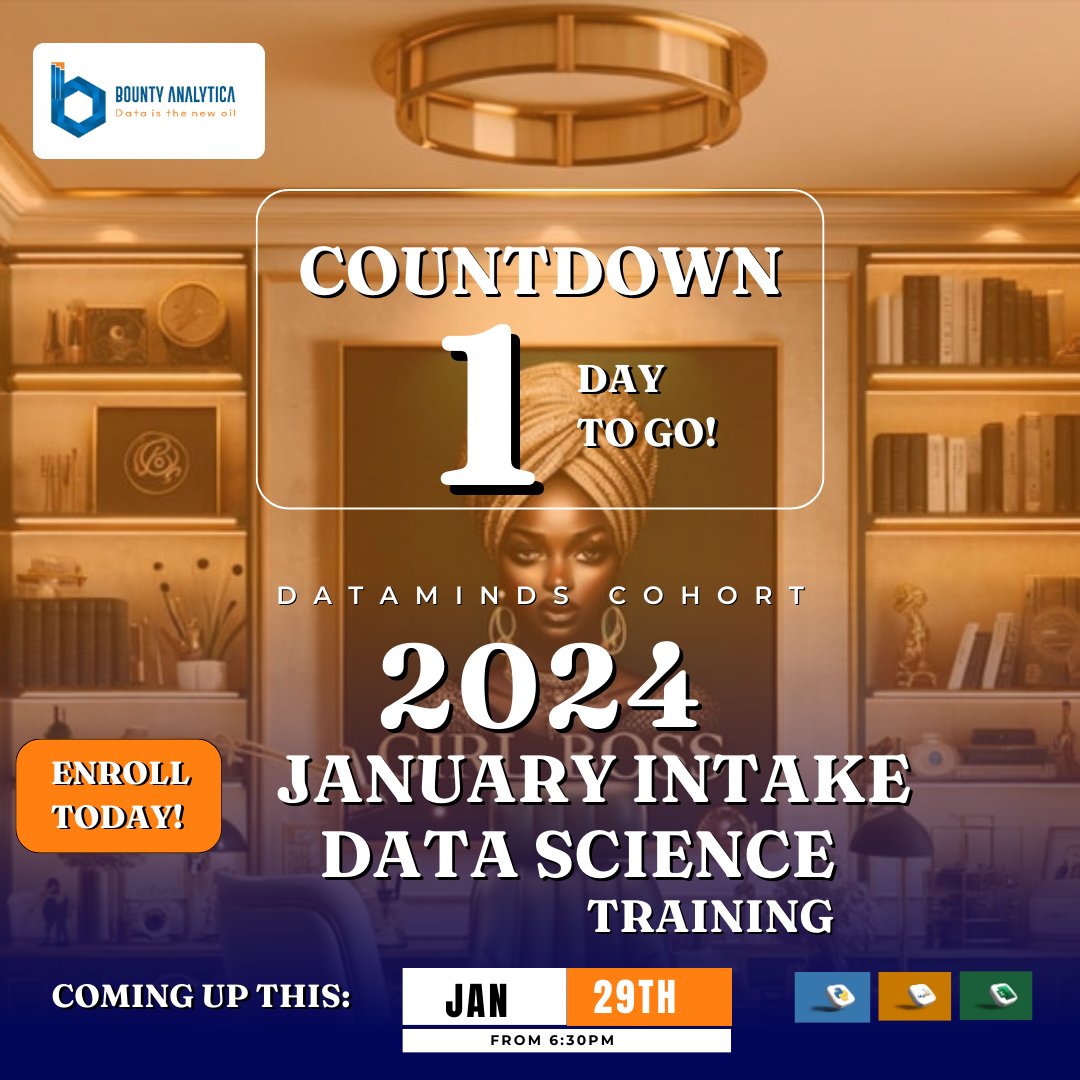 AnalyticaBounty's tweet photo. 🚀 The countdown is on! Just 1 day until the launch of Bounty Analytica's January 'DataMinds' Cohort! 🌐📊

Secure your spot now by signing up here: https://t.co/Tu9Sf9kqYB or slide into our DMs @bountyanalytica. 🚀💻

#DataMinds #BountyAnalytica #DataScienceJourney https://t.co/UmG5S7MrsL
