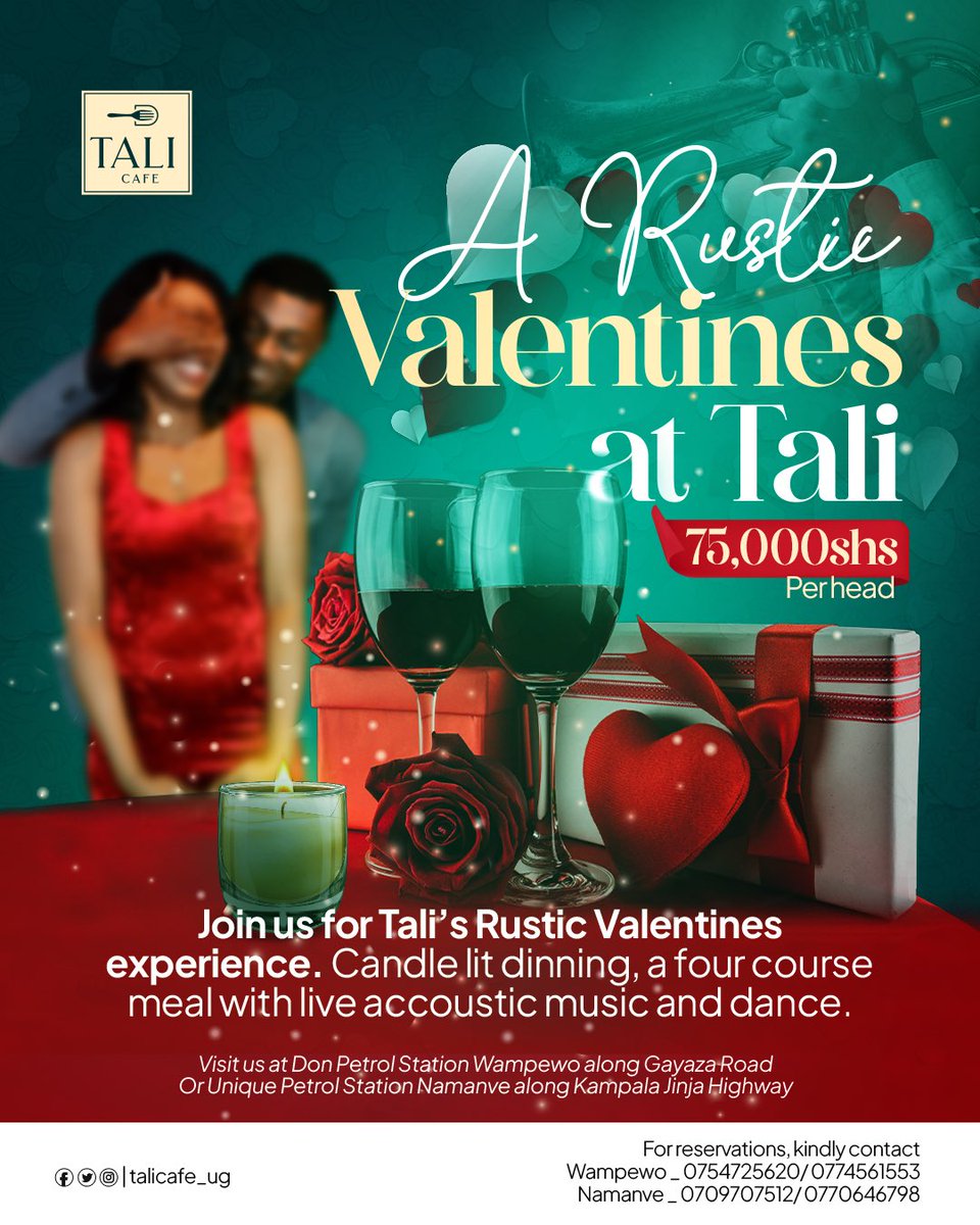 TALI’s RUSTIC VALENTINE’s EXPERIENCE 

Join us for a beautiful night to celebrate love and romance. Valentine’s Dinner will be a four course meal with a mock-tail/cocktail/glass of wine available at 75,000 per person.

We will have live music at both locations to keep you in a