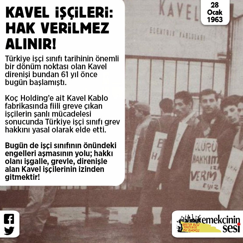 sesemekcinin's tweet photo. 📆 Bugün şanlı Kavel'in 61. yıldönümü. 

Kavel işçileri 61 yıl önce "hak verilmez, alınır!" diyerek çok büyük bir mücadeleye imza attı. 

Selam olsun! ✊

#Kavel
#Kavel61
#işçi
#direniş
#grev https://t.co/APl02LAjO9