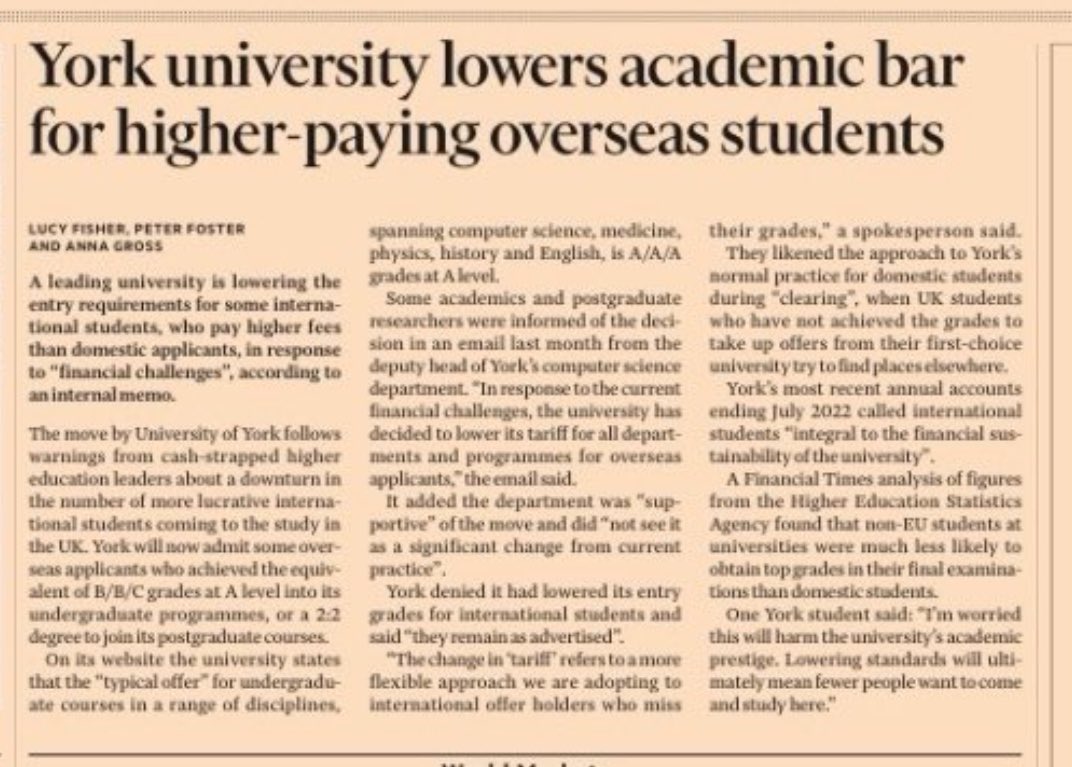 Fascinating investigation by Sunday Times today on secret routes into top UK unis for intl students with poor grades Comes after @FT scoop this month on York uni lowering its entry requirements for some overseas students - who pay far higher fees - due to ‘financial challenges’