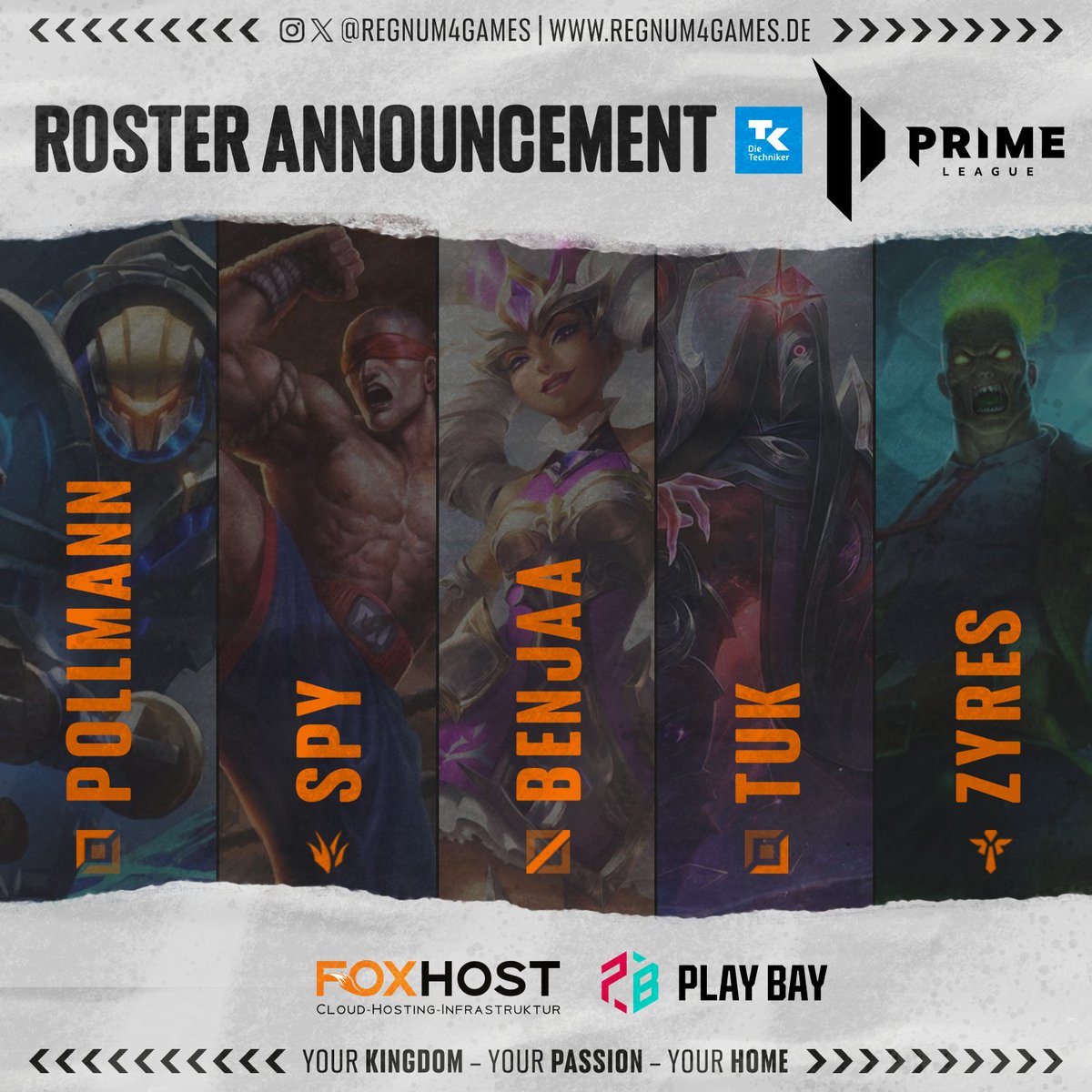 regnum4games's tweet photo. 👑#ANNOUNCEMENT👑
In der 4. Liga der @PrimeLeague tritt in diesem Split unser Team R4G | Amber an! Wir freuen uns auf einen grandiosen Split!
TOP | 🇩🇪| #Pollmann
JGL | 🇩🇪| @Spy_lool
MID | 🇩🇪| @Benjaabruv
ADC | 🇦🇹| @tukplays
SUP | 🇩🇪| @zyres_lol
#getcrowned | #r4g | #TKPRM https://t.co/XzRMX6Vtmt