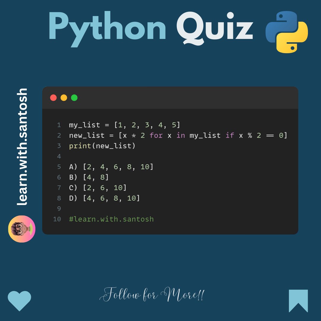 'Leveling up my Python skills with a quick quiz! 🐍
How many can you get right? 
Comment your answers below! 

#PythonQuiz
#CodingChallenge
#PythonLearning
#TechTrivia
#CodeMastery
#ProgrammingPuzzle
#CodeQuiz
#DeveloperCommunity
#PythonCode
#ChallengeAccepted