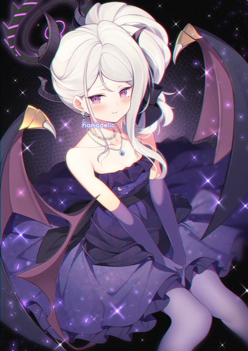 hina (blue archive) ,hina (dress) (blue archive) 1girl wings solo horns dress white hair purple eyes  illustration images