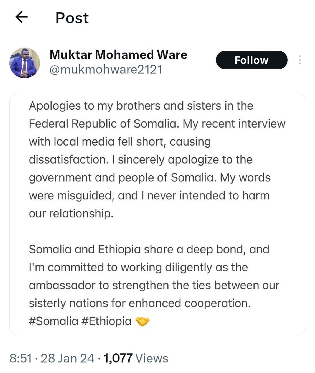 Finally, the Ethiopian Ambassador to Somalia, Mukhtar Mohamed Ware, apologized for the interview he gave to the media of his government, which was translated by Gaylan Media. While it was removed from the Ethiopian government media, the Federal Government became aware of it