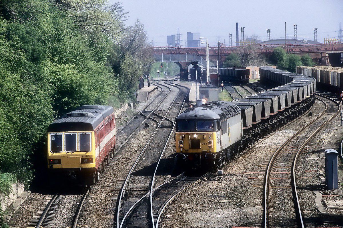 <a href="/miles_chains/">Miles and Chains</a> Morning Dave. Just happen to scan this last night same loco 56068 coming off the Askern Branch a few years later passing 141113 at knottingley. 😀. #grids #class56 #trainspotting #class141 #knottingley #coalsector #mgr