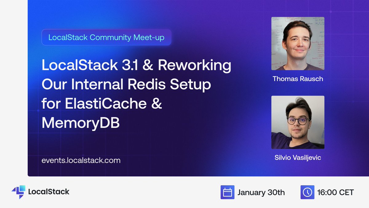 localstack's tweet photo. 📢 We are organizing our next community meetup this week!
Join @thrauat and @silv__io to learn about LocalStack’s support for the main MemoryDB and ElasticCache APIs.
🔗 https://t.co/yruEhV0oiw
#LocalStack #AWS #Redis #MemoryDB #ElasticCache https://t.co/3tHQOQCPlS