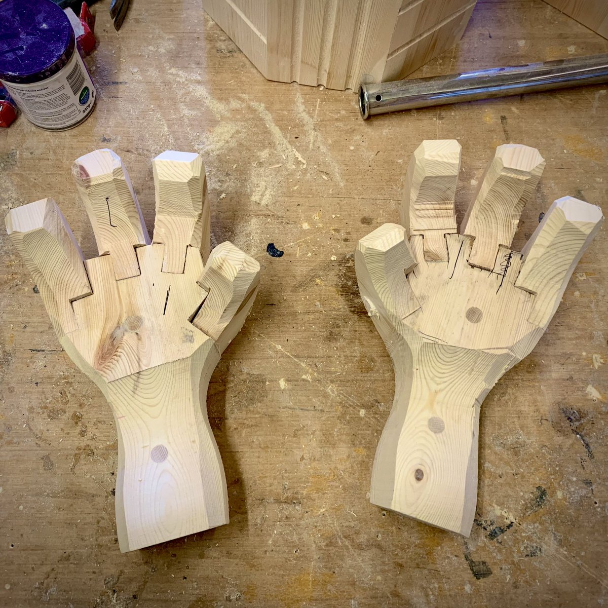 Prototype hands from #VR sculpted 3D print maquette- process images #wood #sculpting #reusedwood #carving