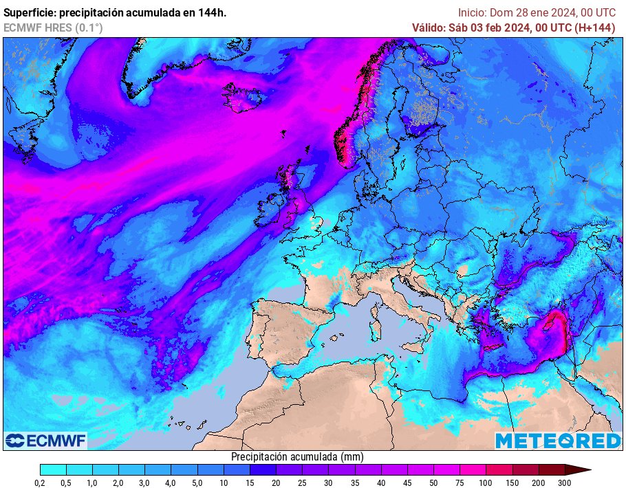 Nieblas, calima, poco o nada de precipitación y calor para la época. Que la recta final de enero y la previsión para arrancar febrero se parezca a cualquier cosa menos al invierno no es buen tiempo, es terrorífico.
(Mapa: precip. acumulada desde hoy hasta sábado-<a href="/MeteoredES/">Meteored España</a>)
