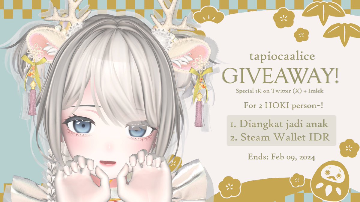 Thankyou for 1k on Twitter(X)
Sesuai janji, here's a giveaway✨untuk 2 orang HOKI
(1 org 3D dan 1 org Steam wallet 120k IDR)

Rules:
⭐️ VTuber (aktif)🙏
⭐️ Follow, Like, and RT ( New followers welcome! )
⭐️ Komen harapannya ditahun ini (yg positif)

Ends : Feb 09, 2024
#VtuberID
