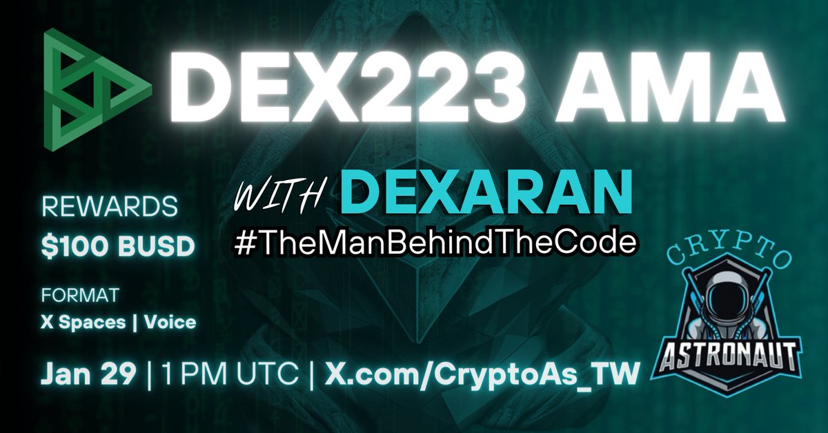 Dex_223's tweet image. Ready for the upcoming LIVE AMA on #XSpaces with #BINANCE_LIVE Host
@CryptoAs_TW ?🎙️🔥

#TheManBehindTheCode @Dexaran will talk about #Dex223: a fully decentralized onchain DEX featuring autolistings &amp;amp; margin trading. 🚀

⏰Jan 29, 1 PM UTC
🎁$100 BUSD
👉X.com/CryptoAs_TW