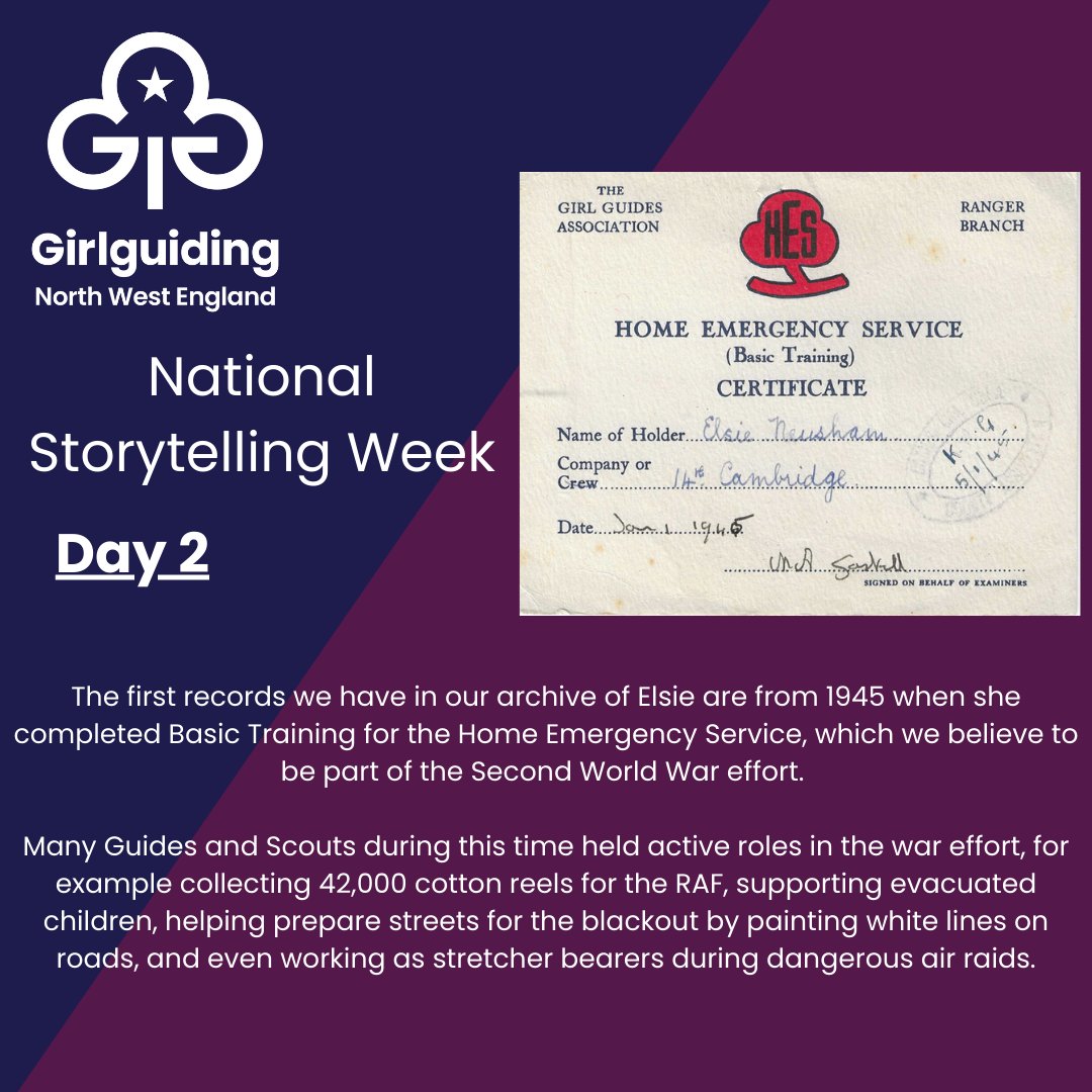 Girlguiding_NWE's tweet photo. Day 2 of the Elsie Newsham story.  The first records we have in our archive of Elsie are from 1945.
You can find out more about the role that Girl Guides and Scouts had during the Second World War here: https://t.co/q3kMXNQMNX 
https://t.co/9DyzrGKoK5 https://t.co/D7YA3rZE3x