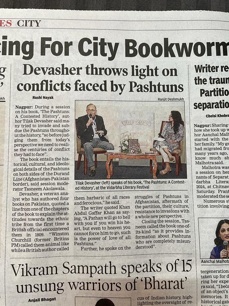 tilakdevasher1's tweet photo. Attended the @vidlitfest in Nagpur and discussed my book ‘The Pashtuns: A Contested History’ with Tasneem Akolawala. Great conversation, great audience and very well organized Festival. My compliments to the organizers. 🙏 https://t.co/izGTIFYaEs