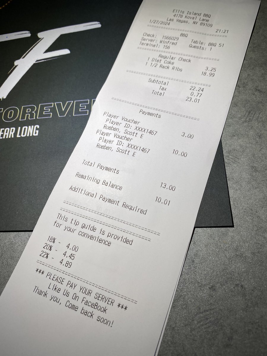 Hey, @EllisCasinoLV, we waited literally five minutes for this fantastic BBQ, then got a $3 discount voucher and a $10 dining credit for being in the loyalty club, making this one of the best values in Las Vegas. That’s it, that’s the Tweet.