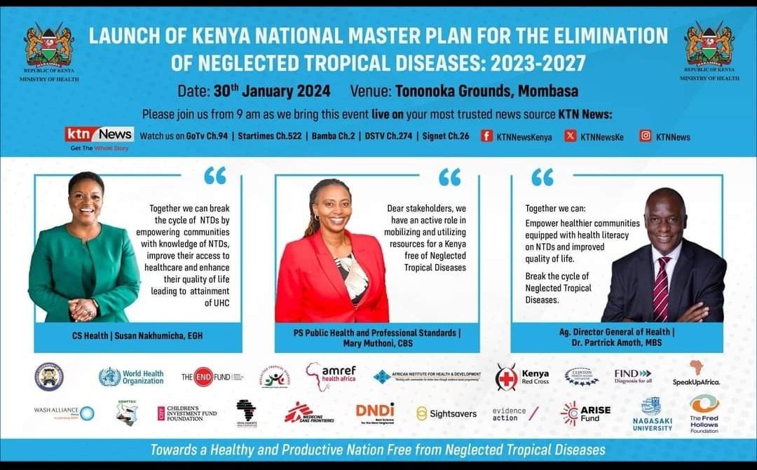 Join us as the <a href="/MOH_Kenya/">Ministry of Health</a> through <a href="/NTDS_Kenya/">Division of Vector Borne and NTDs, Kenya</a> is launches the Kenya Master Plan for the elimination of #NTDs 2024-2027 on the 30th January 2024 in Totonoka Grounds, Mombasa.
Let's #beatNTDs