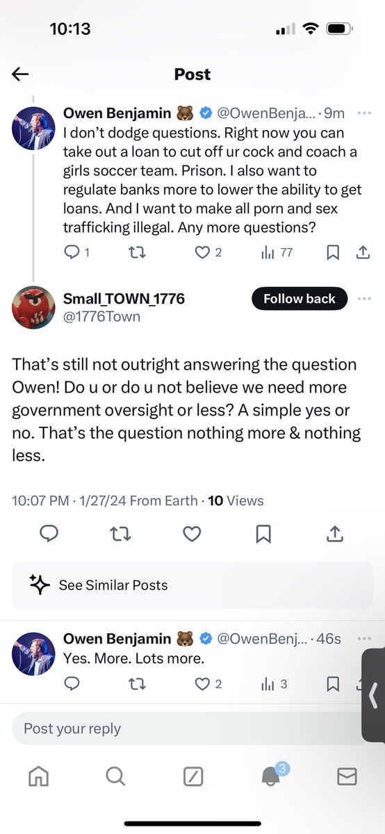 OwenBenjamin's tweet photo. He will say I’m “strawmanning.”
I want more laws and regulations. I want to limit marketing abilities in the public with any product that causes addiction or damage. I think corruption and fraud should be more severely punished and sodomy and gender dysphoria should go back to being illegal. Not because I want to punish gays as individuals but I want it to be illegal to market to children. I don’t believe there is any age of consent to sell your body for sex regardless of a contract and abortion should be illegal.
My position is very clear and logical. I want to eliminate the cycles of trauma in public and limit the free markets satanic ability to profit from and manipulate the weak, the poor, and the young. 
Anarchists are horrible people who are motivated by greed, they have a false and unjustified air of moral superiority as they demand for a more predatory and satanic environment. They hunt and pick police abuses and misrepresent them despite overwhelming stats that the police are doing an incredible job at limiting and prosecuting crime with very little damage to the population.
An anarchist philosophically can’t stop a mentally retarded man from masturbating on a public bus because they feel he isn’t directly harming anyone. I’d feel comfortable putting all the anarchists in prison just to be safe. Any other questions?