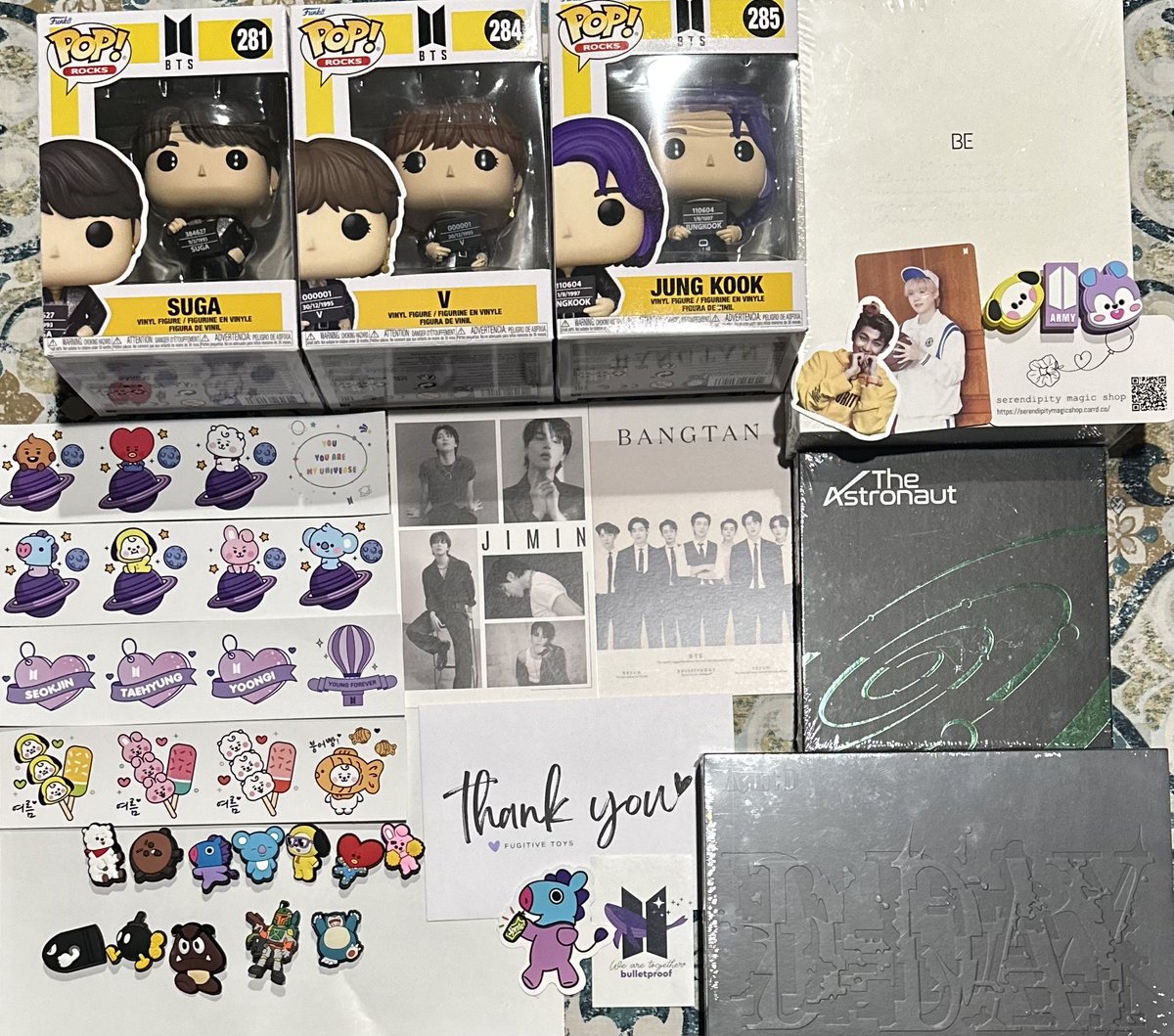 As a baby ARMY I’m so happy with my little haul from #hypecon.  Starting small till I get some space.  Completed the Butter Pop! Vinyls, got BE, The Astronaut, and another copy of D-Day, and BT21 croc charms.  Also got a bunch of freebies from @fugitivetoys and @s_magicshop, ty!