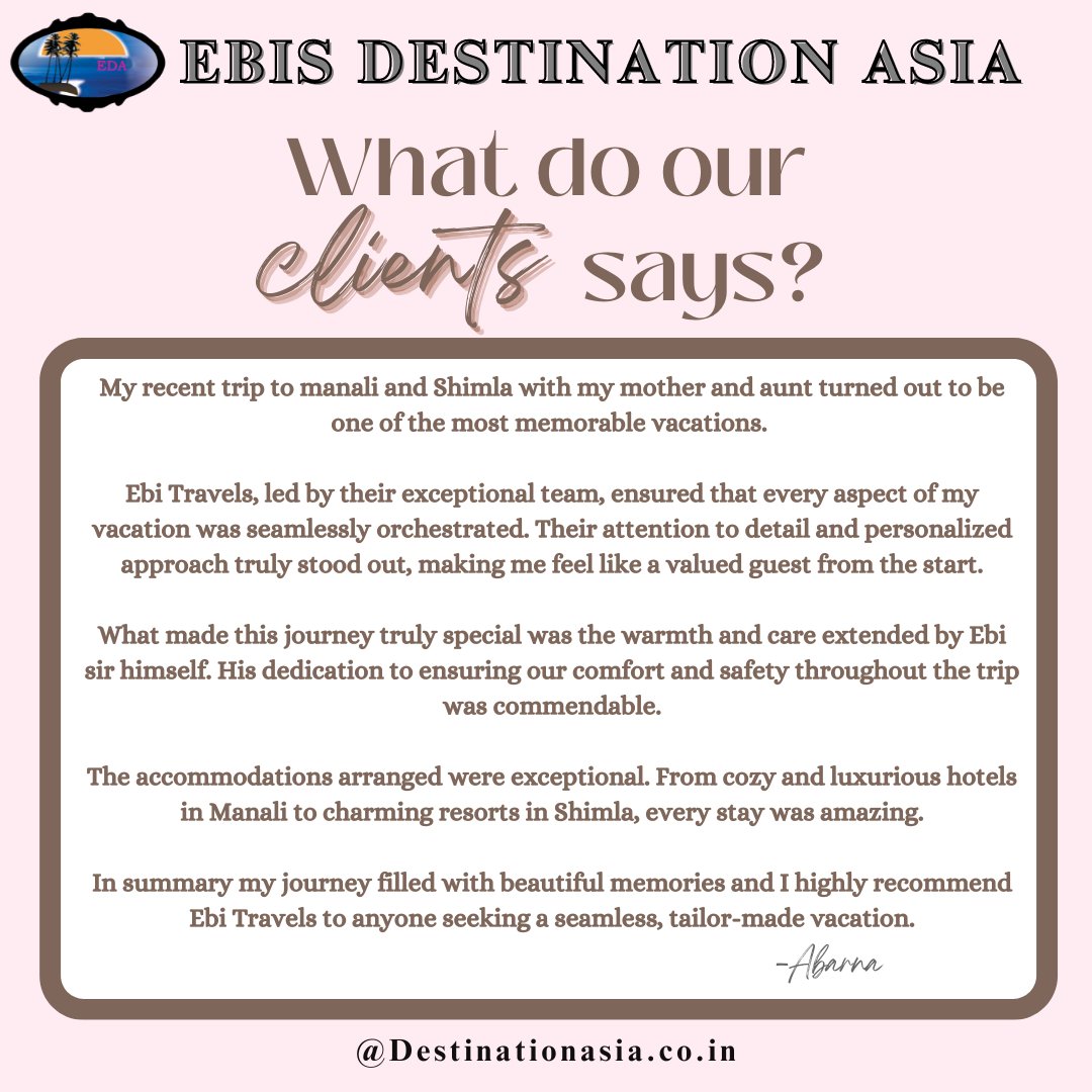 Manali & Shimla Trip Feedback From Client Abarna Madam.
#ebisdestinationasia
#travelagent #travel #travelgram #travelagency #vacation #travelblogger #traveltheworld #traveladvisor #travelling #instatravel #wanderlust #travelphotography #traveling #holiday #luxurytravel