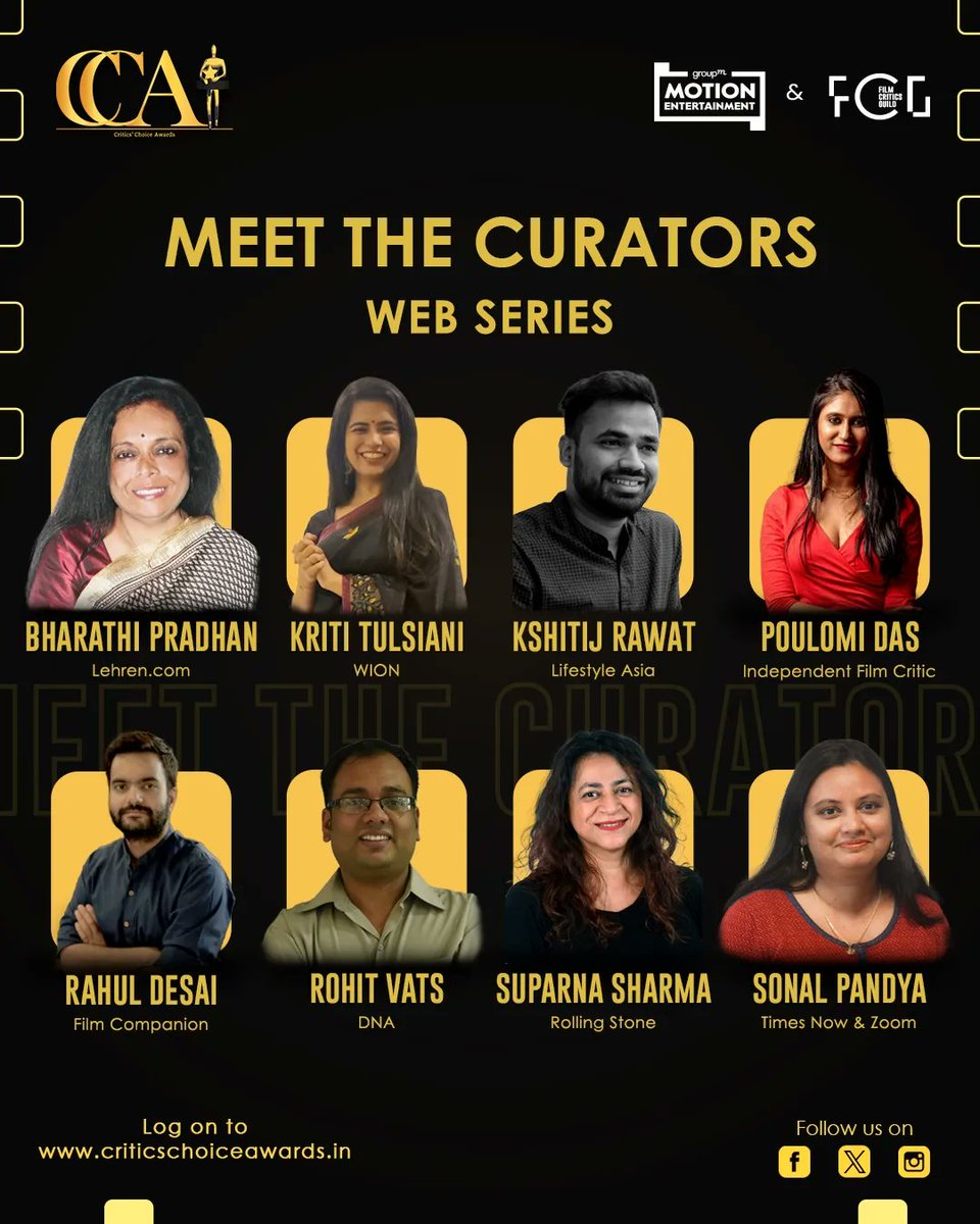 theFCGofficial's tweet photo. Our Web Series curators have immense experience in analysing and reviewing films, cinema, and OTT content. Introducing our illustrious and diverse list of curators!
#CriticsChoiceAwards @theFCGofficial @groupm_motion #CCFA #shortfilms #indiancinema #GroupMMotionEntertainment https://t.co/fhZnAoaH37