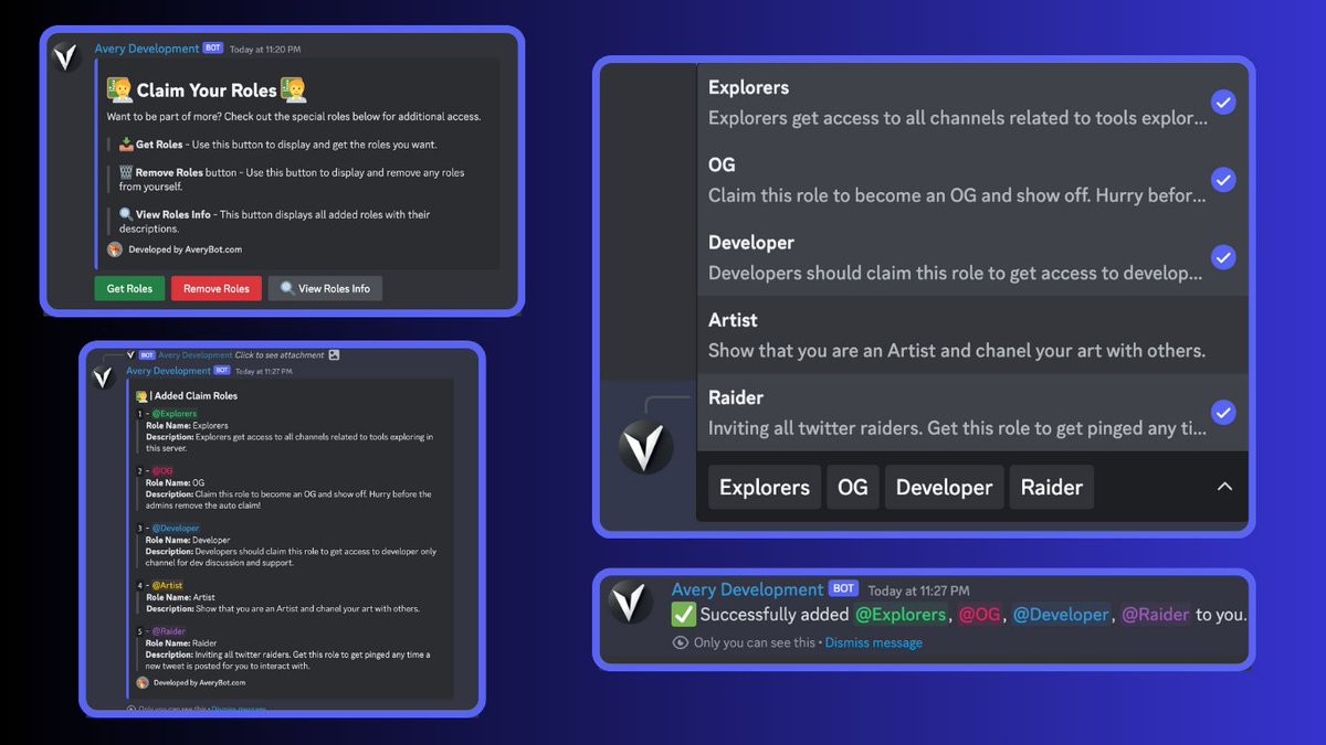 Foxbyte (@foxbytenft) on Twitter photo New Avery feature alert: "Claim Your Roles" is here! ๐ Manage server roles seamlessly with Averyโno extra bots, no extra cost. ๐๏ธ
๐ Key Features:
Easy UI for role claiming
Claim up to 5 roles at once
Smart buttons for efficiency
Documentation: docs.averybot.com/avery-documentโฆ. Rolling New Avery feature alert: "Claim Your Roles" is here! ๐ Manage server roles seamlessly with Averyโno extra bots, no extra cost. ๐๏ธ
๐ Key Features:
Easy UI for role claiming
Claim up to 5 roles at once
Smart buttons for efficiency
Documentation: docs.averybot.com/avery-documentโฆ. Rolling