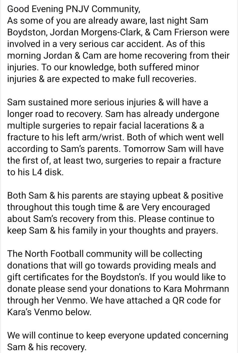 Please keep the Parkway North football team, these kids, and especially Sam Boydston in your thoughts and prayers as they physically and mentally heal from the injuries they sustained.

We’ve known Sam since he was in 8th grade and it’s heartbreaking to hear he’s been involved in