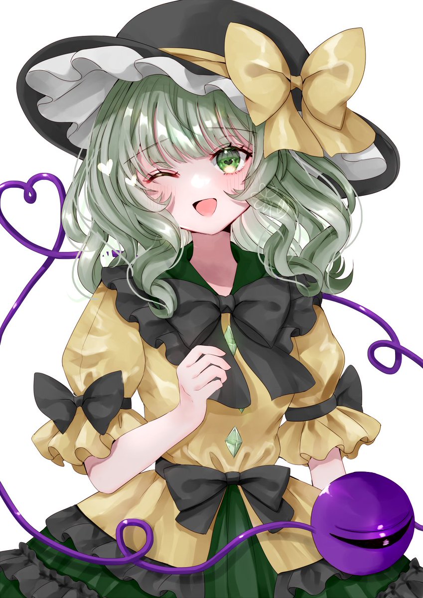 komeiji koishi 1girl solo hat one eye closed bow green hair skirt  illustration images