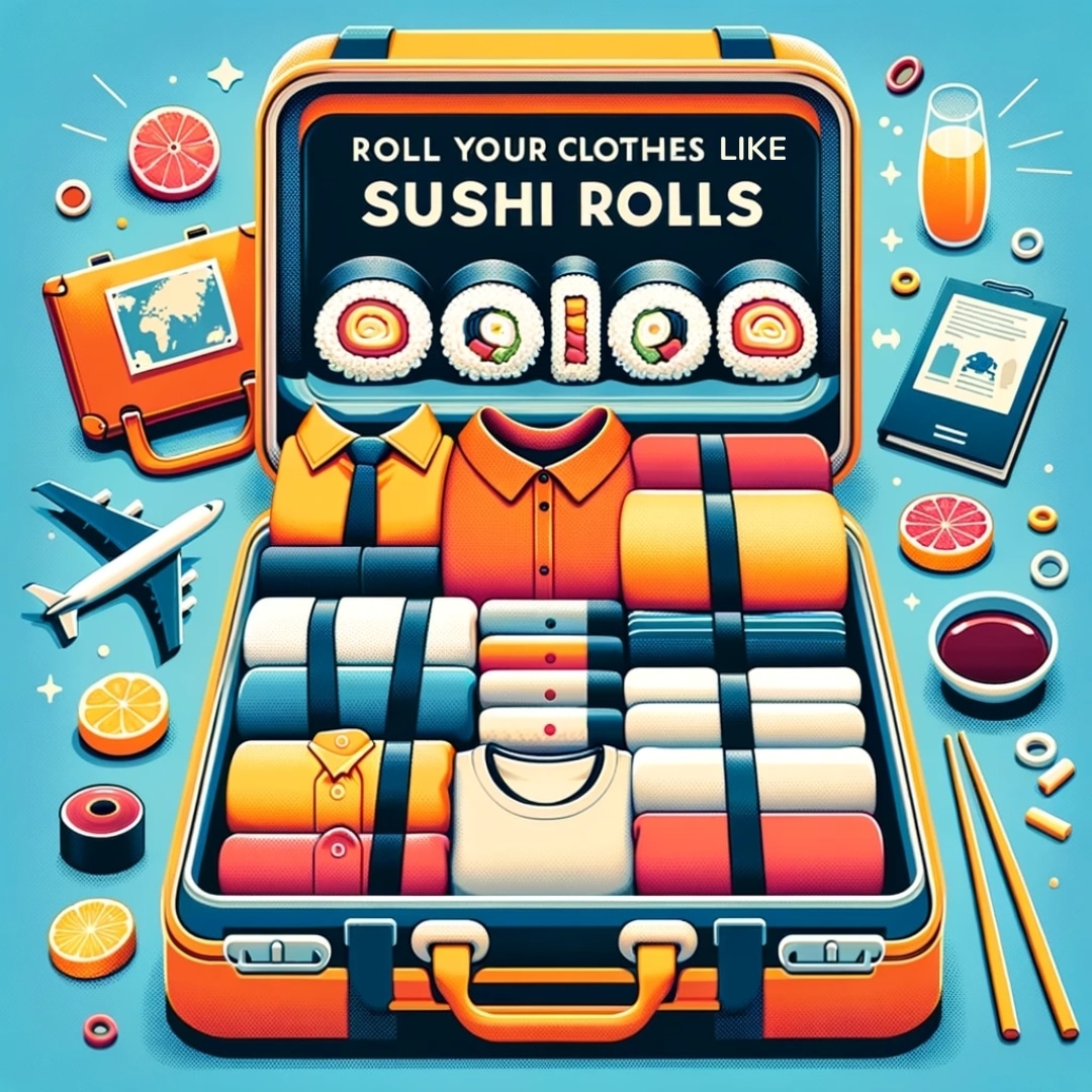 ✈️ Travelling soon?
 Try this space- saving tip: Roll your clothes like a pro sushi chef! No more suitcase surprises.
.
.
.
#travelsmart #packinghacks #wrinklefree #travelsmart #efficientpacking #spacesaving #travelskills #sushichefpacking #travelorganization #propacking