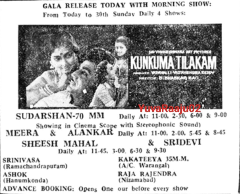 YuvaRaaju02's tweet image. #41YearsForKumkumaTilakam
Starring: #MuraliMohan

Hyd - SUDARSHAN 70MM - 32Days RUN Replaced with #SimhamNavvindi

Secbad - ALANKAR - 21Days RUN Replaced again with #MuraliMohan's #PichiPanthulu