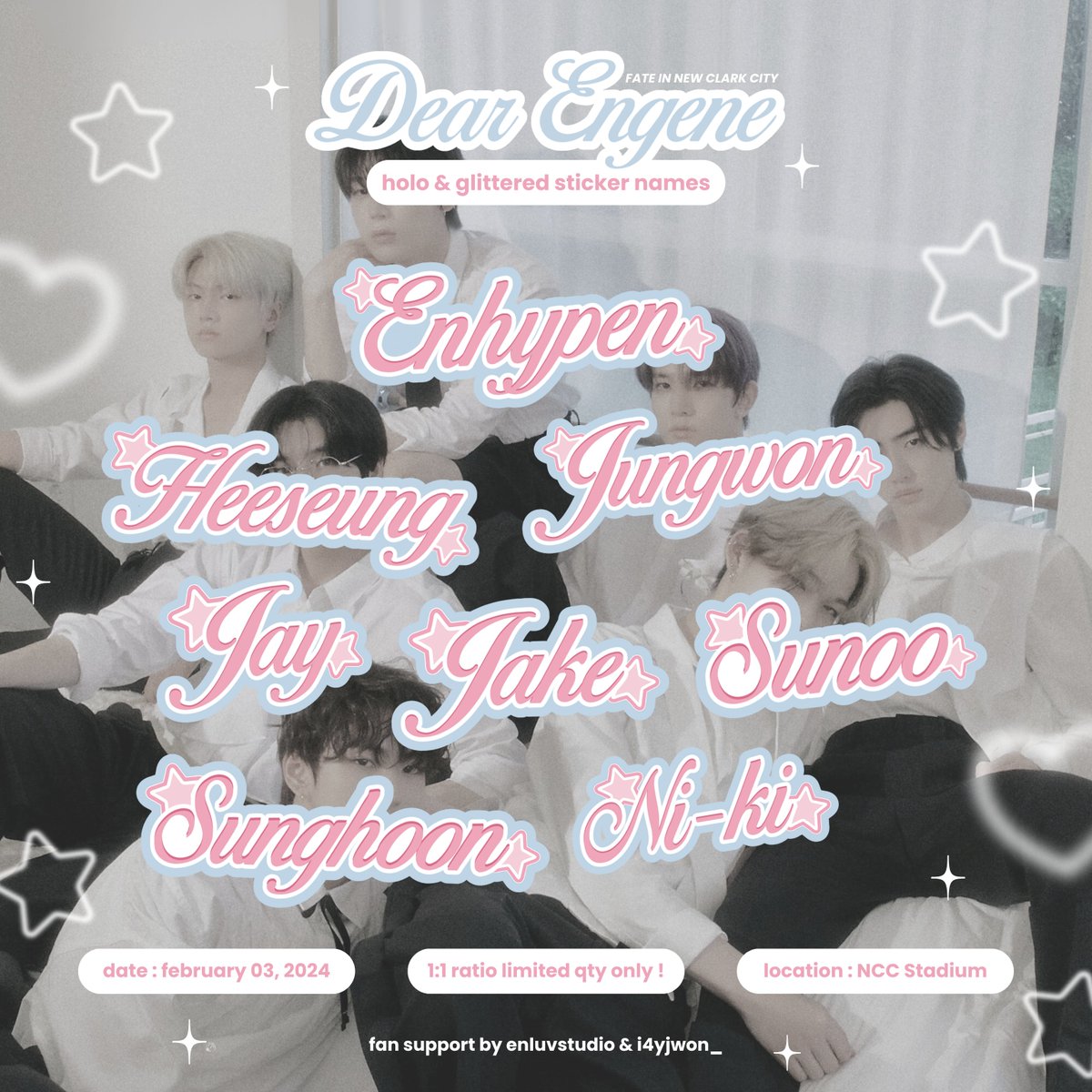 enluvstudio's tweet image. ⋆.˚ 𝓓ear 𝓔ngene ౨ৎ ⋆ ˚

 holo &amp;amp; glittered sticker names fan support 
 by @enluvstudio &amp;amp; @i4yjwon_

— like &amp;amp; repost
— limited qty only !
— exact time &amp;amp; loc : tba
— on the spot trades only

see you there, engenes ! ୨୧

#FATE_IN_NEWCLARKCITY
#ENHYPEN #EN_WORLDTOUR_FATE