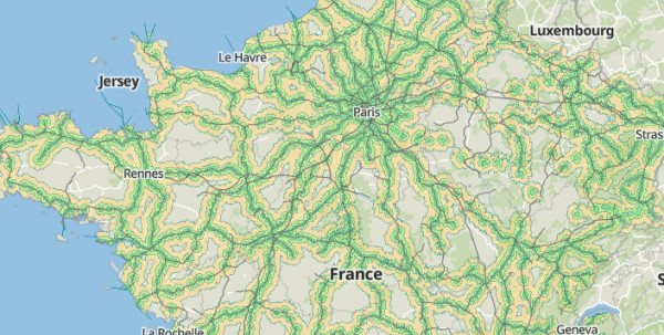 Carte de France des zones accessibles à vélo depuis une gare dlvr.it/T1zG1R