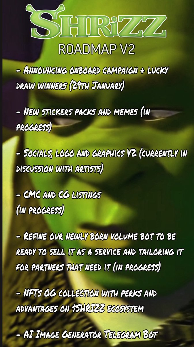 shrizz_sol's tweet photo. Happy Sunday Funday ☀️

Our new roadmap is out!

here’s what you can expect from your beloved Shrizzrek in the coming weeks.

#Shrek #Solana #Roadmap #V2 #Sunday #Funday #Meme https://t.co/ZoyKTh5VvT