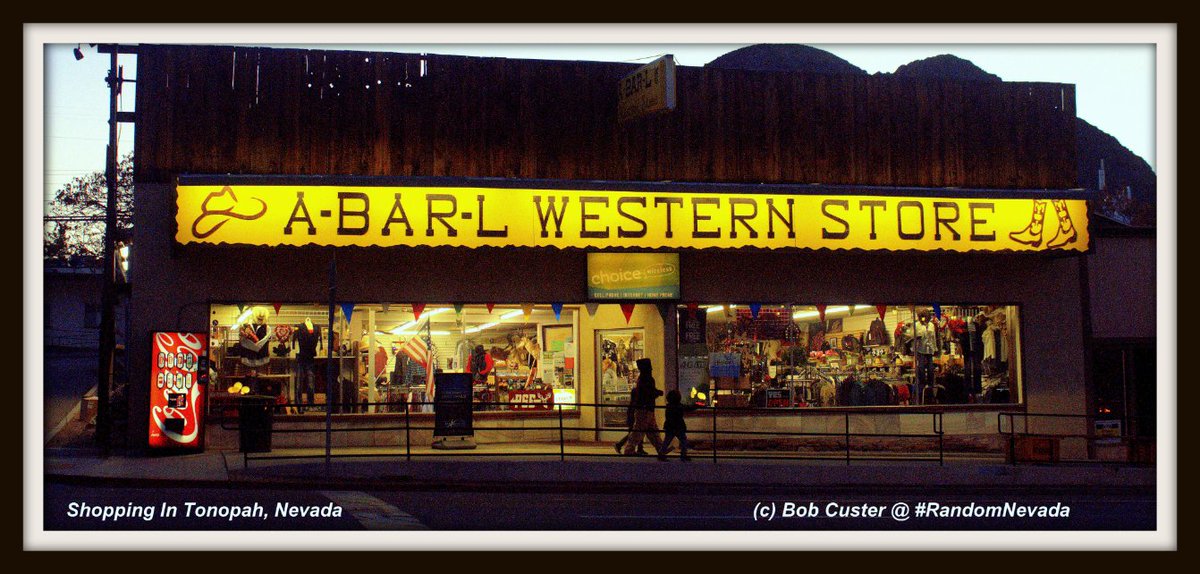GeneralGCuster's tweet photo. #Tonopah, #Nevada is a unique western town. Howard Hughes was married here, & had nearby mining claims. Tonopah is home to the #ClownMotel, & the #MizpahHotel. In photo, shoppers leave the famed A-Bar-L Western Store @HistoryNevada (#RandomNevada by Custer) https://t.co/Or2AgUkMPR