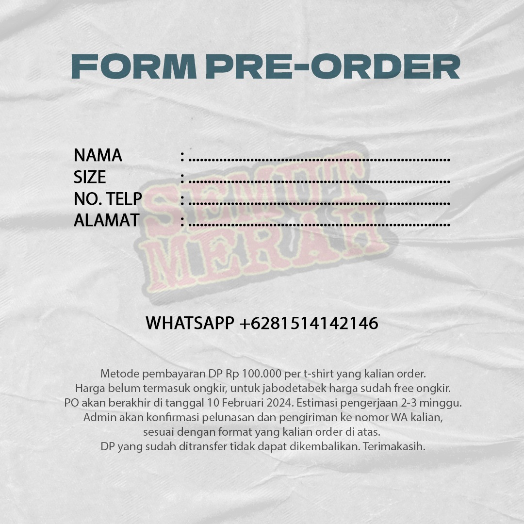 SEMUT MERAH POP PUNK (@smtmrh) on Twitter photo Hallo friends! Kami membuka pre-order untuk kalian yang ingin mendapatkan official merchandise dari kami.
Ukuran tersedia dari XS - XXXL
Pre-order akan kami tutup tanggal 10 Februari 2024. Untuk informasi selengkapnya kalian bisa ikuti di akun instagram <a href="/smtmrh/">SEMUT MERAH POP PUNK</a>.merch ๐ Hallo friends! Kami membuka pre-order untuk kalian yang ingin mendapatkan official merchandise dari kami.
Ukuran tersedia dari XS - XXXL
Pre-order akan kami tutup tanggal 10 Februari 2024. Untuk informasi selengkapnya kalian bisa ikuti di akun instagram <a href="/smtmrh/">SEMUT MERAH POP PUNK</a>.merch ๐