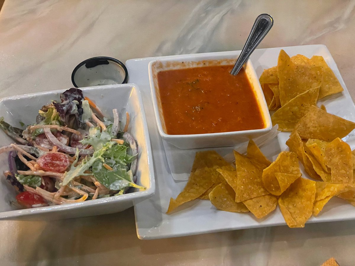 Tomato Basil Soup, Tomato Bisque accented with Oat Milk & Fresh Basil (served with Chips), & a Green Salad (with Avocado Vegan Ranch), at Venti’s Cafe & Basement Bar, in Salem, OR! #vegan #veganism #veganfood #vegansoup #tomatosoup #salad #vegansalad #salemoregon #cherrycity