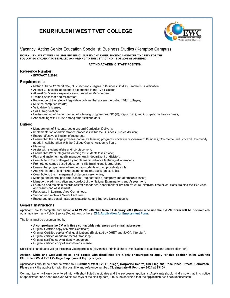 RMakukuli's tweet photo. Ekurhuleni West TVET College 

PL1 Lecturer Permanent - Utilities Studies  
Information Technology Trainee x3 posts 
Financial Management Trainee  
Management Assistant Trainee x4 posts 
PL1 Lecturer (Permanent) - Mechanical Engineering https://t.co/AZSiGB3Zva