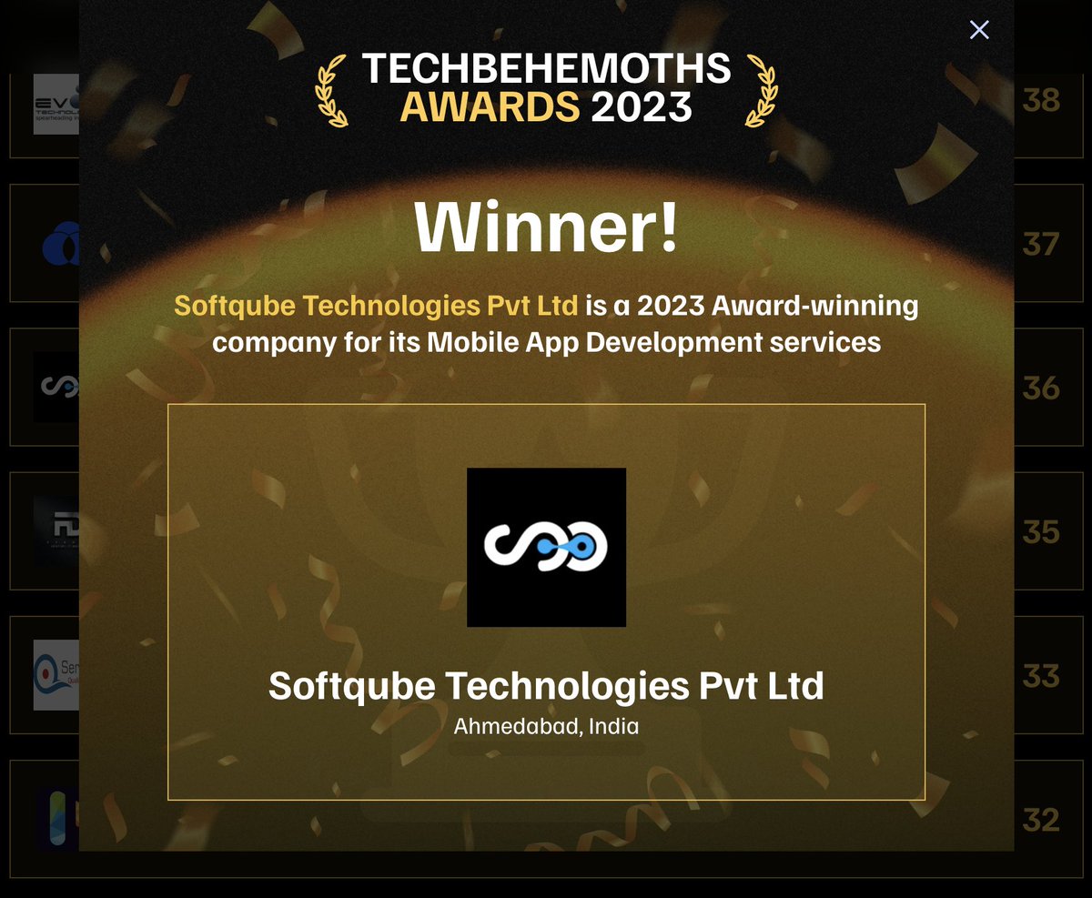 🌟 We're Thrilled to Share Exciting News! 🌟 @Softqubes has been honored as a #TopMobileAppDevelopmentCompany for 2023 by TechBehemoths! 🏆 This award is a testament to our team's unwavering dedication to innovation, quality, and excellence in app development.