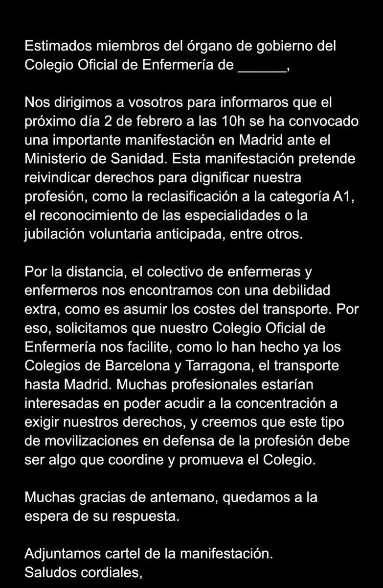🚨 Los Colegios de Enfermería de Barcelona <a href="/Coiba1/">COIBA</a> y Tarragona <a href="/codita_tgn/">Codita Tarragona</a> financiarán parte del transporte a Madrid para la Concentración frente al Ministerio de Sanidad.

📄Desde AEIR hemos preparado un correo tipo para que solicitéis a vuestros colegios que hagan lo mismo.