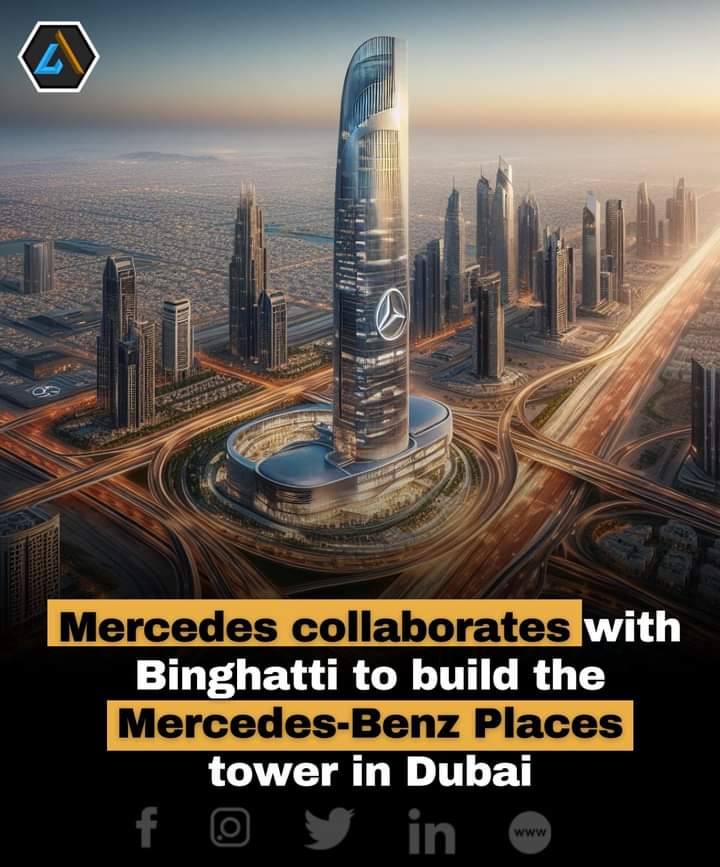 German luxury car brand Mercedes-Benz is collaborating with UAE developer Binghatti to build the Mercedes-Benz Places Tower in Dubai. The tower, featuring an elliptical form with a futuristic pattern of recurring three-point stars, combines Mercedes-Benz's rich history with