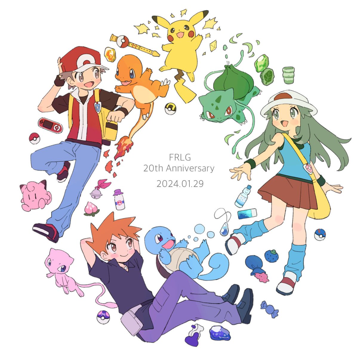 グリーン(ポケモン) ,フシギダネ ,ヒトカゲ ,ピッピ(ポケモン) ,リーフ(ポケモントレーナー) ,ミュウ(ポケモン) ,ピカチュウ ,レッド(ポケモン) ,ゼニガメ 「FRLG20周年!おめでとうございます」|柊のイラスト