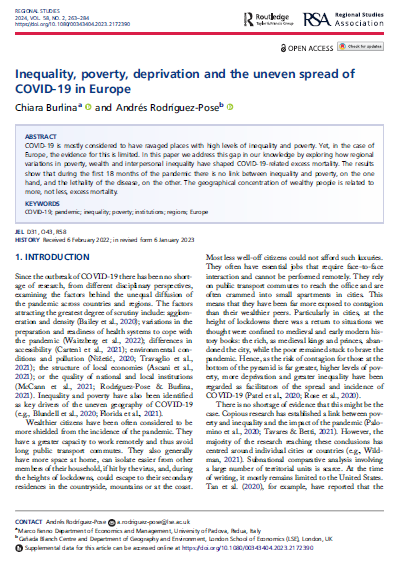 "#Inequality, #poverty, #deprivation &amp; the uneven spread of COVID-19 in #Europe," with <a href="/chiarabu2/">Chiara Burlina</a> out as part of an interesting special issue of <a href="/RegionalStudies/">Regional Studies - @regionalstudies.bsky.social</a> on "The geography of #COVID-19 and local policy responses."
Edited by <a href="/Bourdin_Seb/">Sebastien BOURDIN 📈🌍👨‍🎓🇪🇺</a> &amp; Levratto
doi.org/10.1080/003434…
